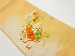 金駒刺繍軍配に花葉・蝶模様名古屋帯